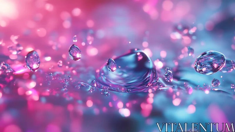 Neon water droplets hover over glowing pink cyan bokeh field.