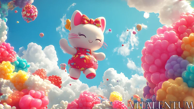 Smiling kawaii cat floats joyfully through candy clouds