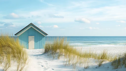 Sky-colored beach hut waits quietly between whispering dunes