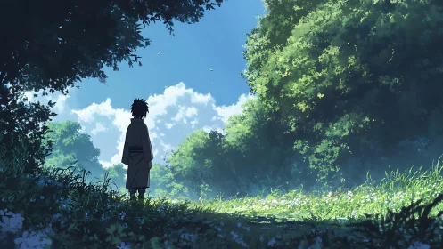 Quiet wanderer pausing beneath summer-breathing trees.