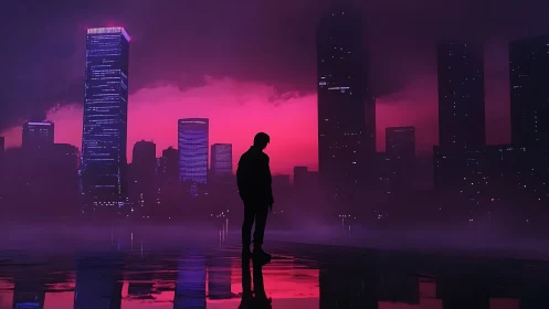 Neon dusk drapes a lone silhouette over misty city lights.