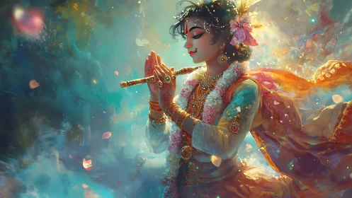 Divine musician in luminous florals plays a golden flute.