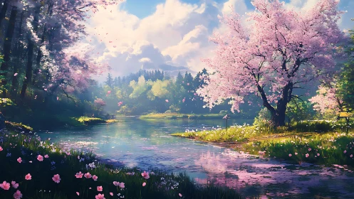 Blossom-laden riverside dreamscape under soft spring clouds.
