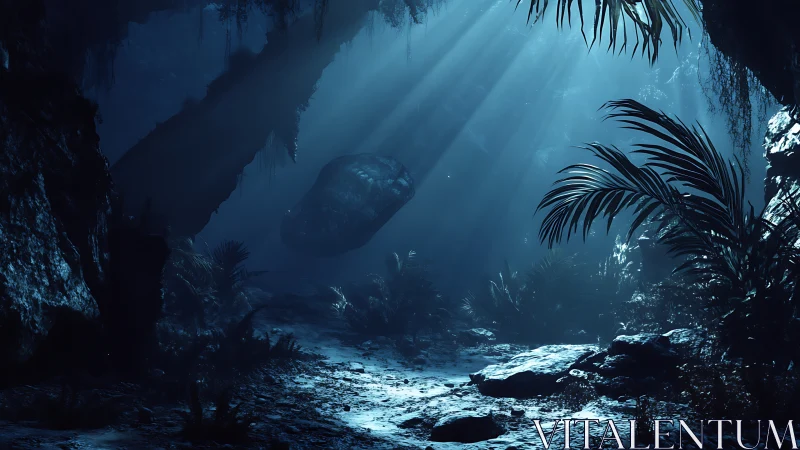 Mystic jungle cavern under ethereal blue god rays.