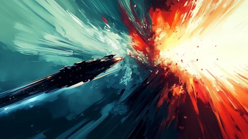 Starship slices through a painted supernova of color