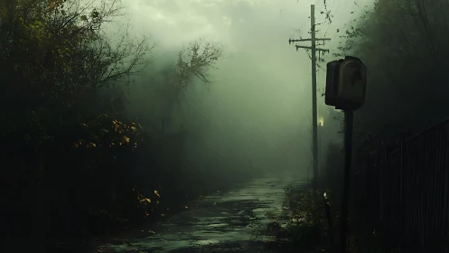 Rain-soaked foggy road with lone power lines at dusk.