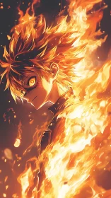 Fiery anime hero glowing with fierce, determined energy.