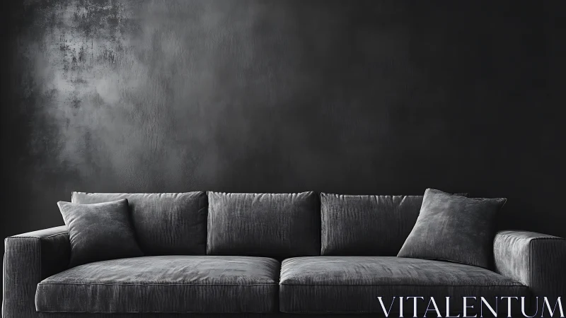 Monochrome velvet sofa against textured charcoal wall backdrop.