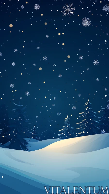 Nighttime snowfall covers stylized conifer trees and snowdrifts