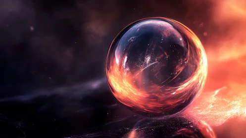 Luminous cosmic sphere reflects molten nebula glow.