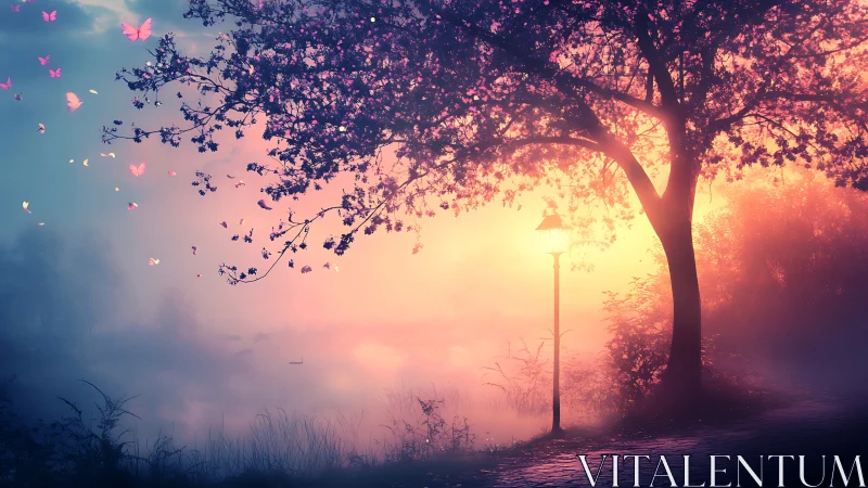 Twilight lakeside cherry tree with glowing fog and butterflies.