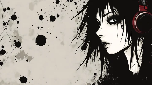 Ink splatter anime girl with headphones in stark profile.