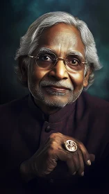 Elderly man with glasses and ring sits against dark backdrop