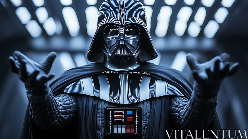 Armored sci fi villain extends gloved hands in corridor