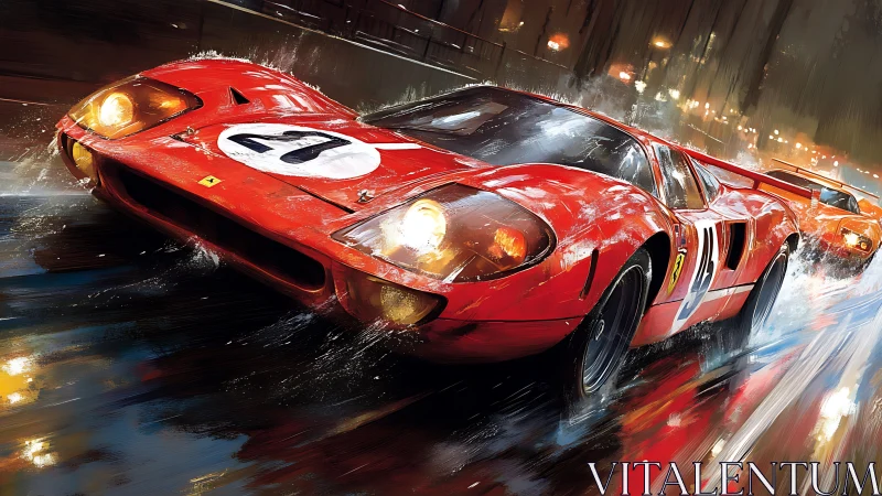 Vintage red race car storms wet night city circuit.