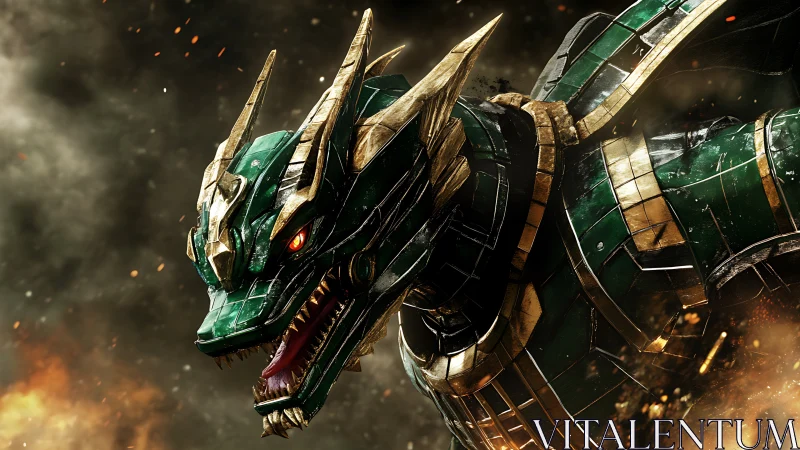 Armored mechanical dragon roars amid firestorm clouds.