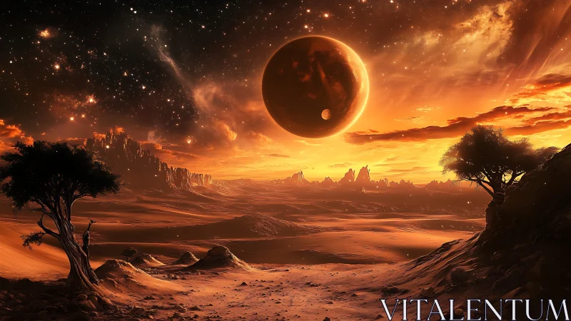 Binary eclipsed gas giant over windswept alien desert basin