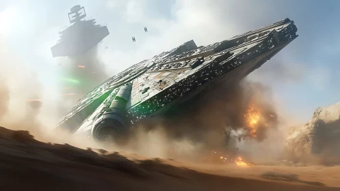 Starship skimming sandy canyon under aerial pursuit.