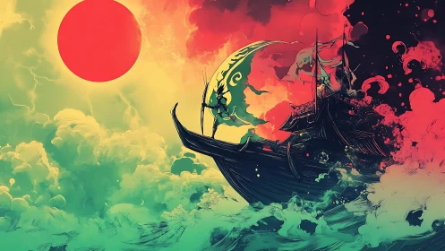 Celestial pirate ship cutting through neon storm seas.