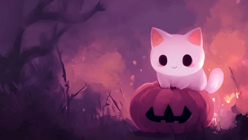White cat character sits on carved pumpkin in pink-purple landscape.
