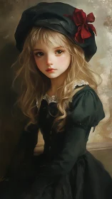 Young girl in dark dress and beret sits in soft studio light