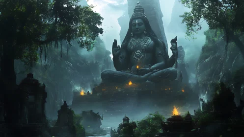 Colossal stone deity in misty jungle temple illuminated by fire.