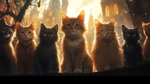 Glowing Cats Before Gothic Architecture at Sunset