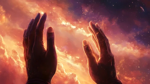 Cosmic-lit hands framing a nebular sky in radiant perspective.