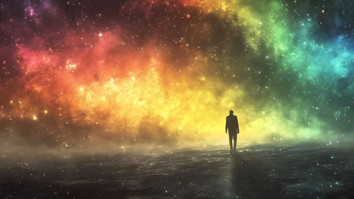 Silhouetted observer under a polychromatic stellar nebula field.