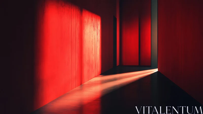 Red corridor interior with directional sunlight entering through doorway