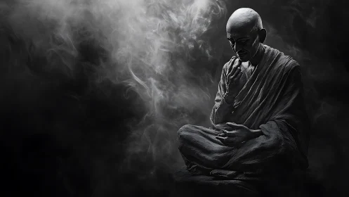 Monochrome seated monk sculpture in surrounding smoke field.