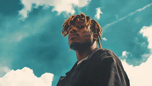 Low-angle portrait isolates subject against stylized cyan sky