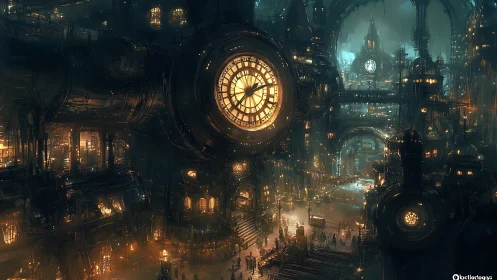 Complex steampunk cityscape displays large illuminated clockworks