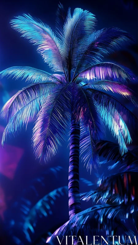 Neon palm tree glows softly in a dreamy tropical nightscape