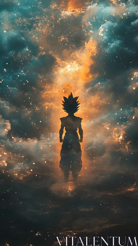 Starlit warrior silhouette stands calm in a glowing cosmic sky