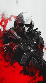 Skull-masked tactical operator framed by red ink clouds.