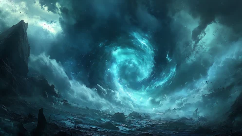 Stormlit vortex opens above a rugged, endless seascape