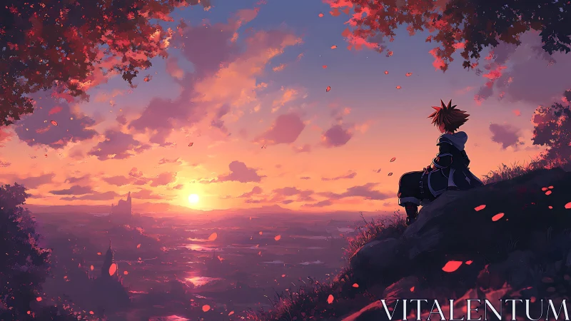 Sunset horizon study with silhouetted anime figure and layered haze