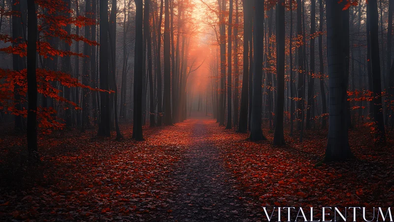 Crimson Forest Pathway: Golden Sunrise Penetrates Deciduous Grove.