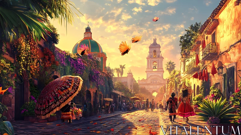 Sunlit colonial street with festival dancers and flowers.