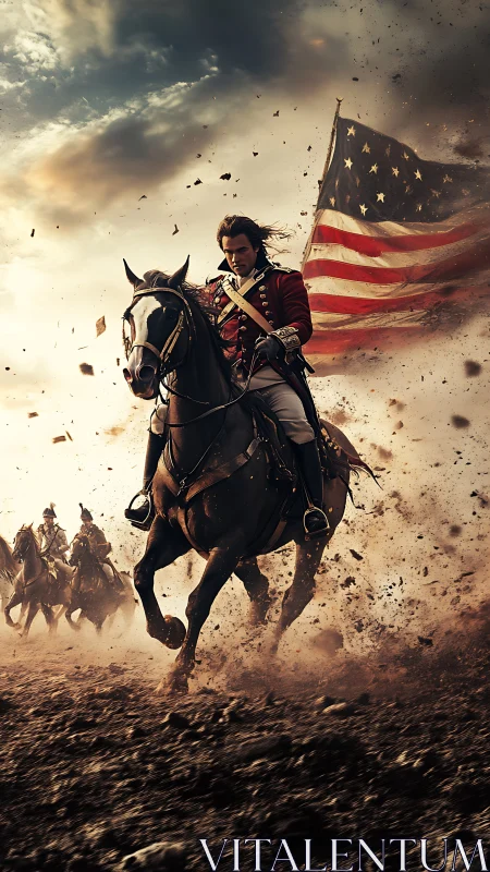 Revolutionary cavalry charge under tattered American flag.
