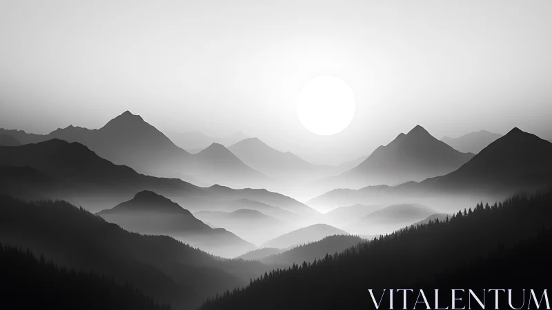 Monochrome sunlit mountain layers in atmospheric mistscape.