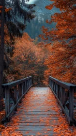 Wooden footbridge leads through saturated autumn forest corridor
