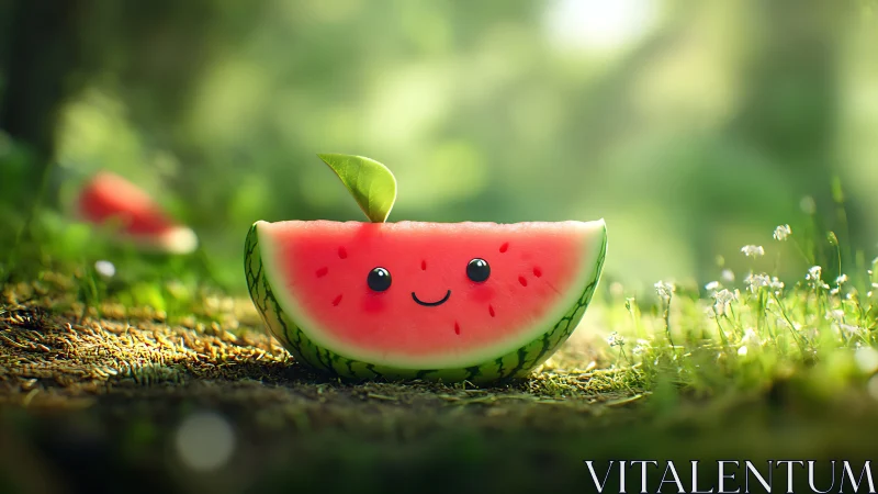 Digital painting of kawaii watermelon slice in soft forest light.