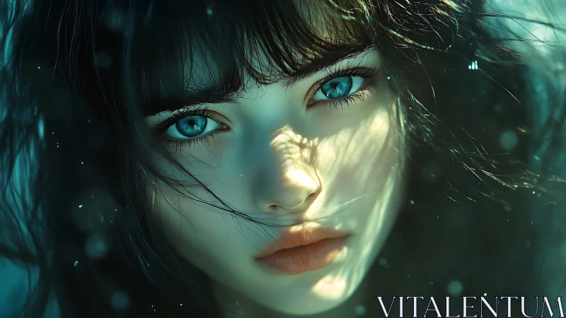 Digital portrait close-up with luminous teal gaze and bokeh glow.