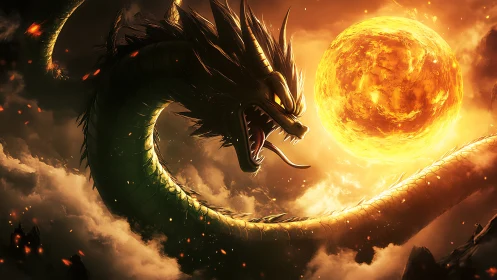 Serpentine dragon silhouette against luminous fiery sphere.