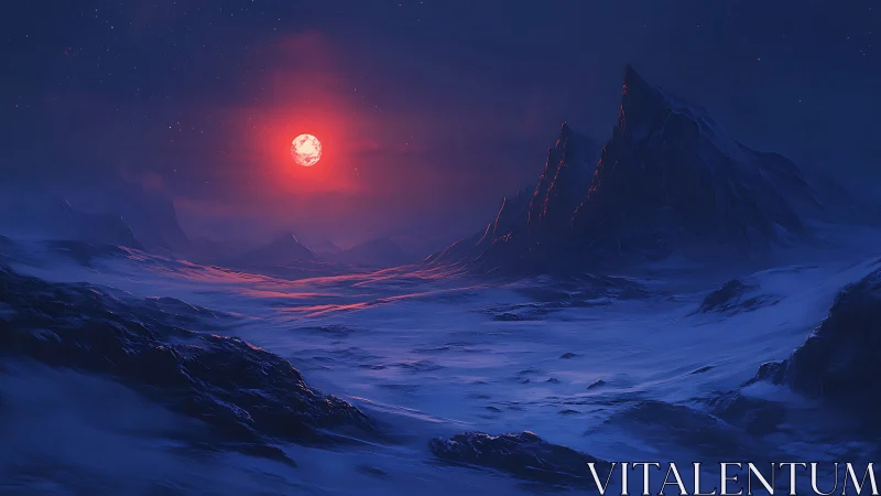 Digital painting of alien ice valley under crimson starfield.