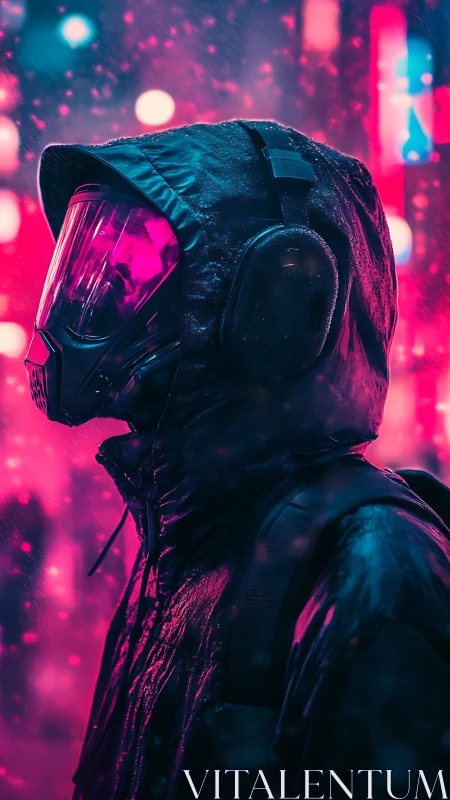 Hooded cybernetic figure stands in neon magenta rainfield