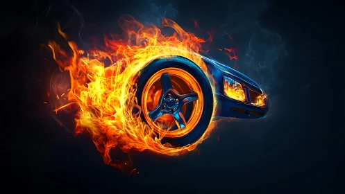 Flaming sports car wheel blasting through dark void.