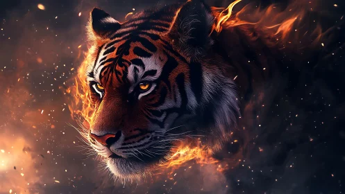 Fiery tiger spirit shining through glowing embers at night.